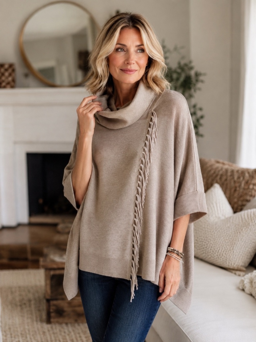 Chico’s Fringe Cowl Neck Poncho Sweater NWT S/M Neutral Taupe Soft Knit